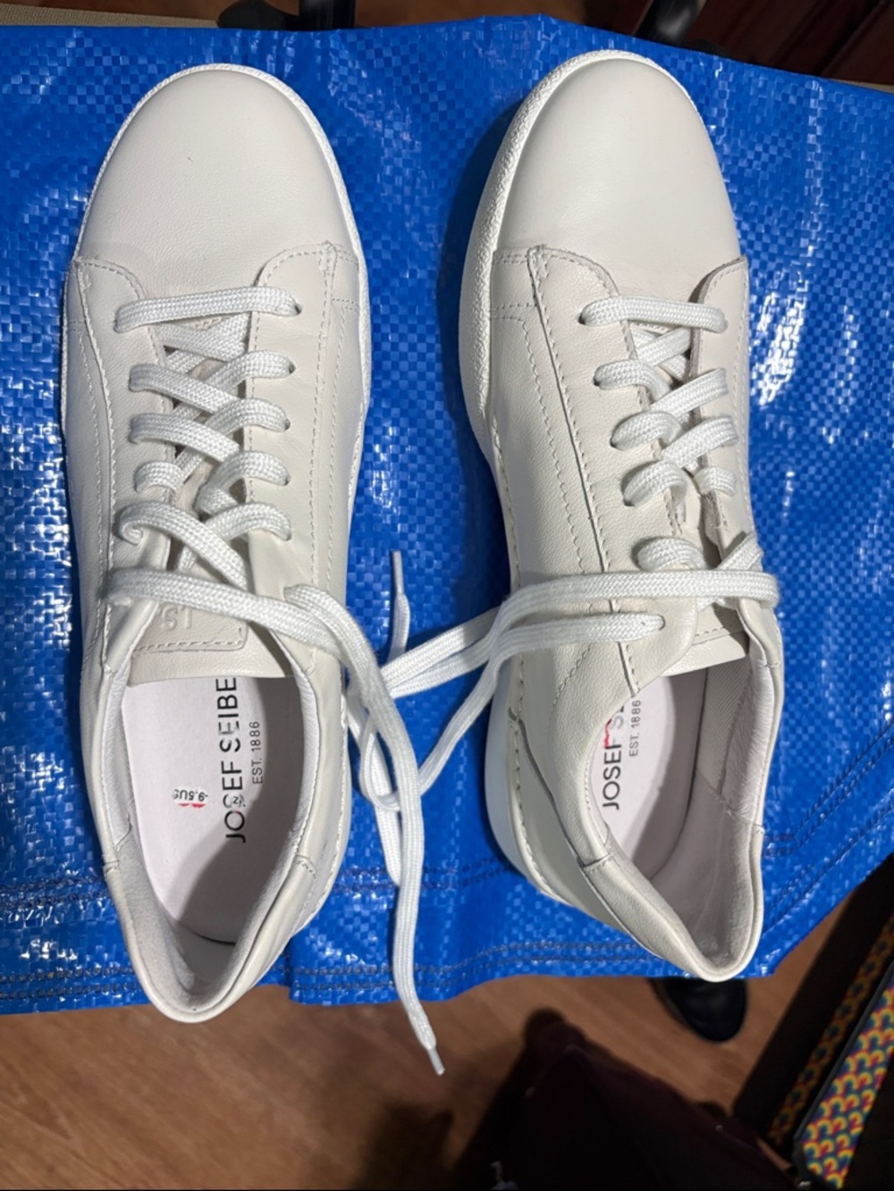 Josef Seibel White Leather Sneakers with Brown Soles and Arrow Tread